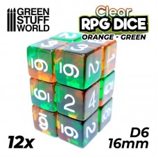 12x Dadi D6 16mm - Arancione/Verde Trasparente
